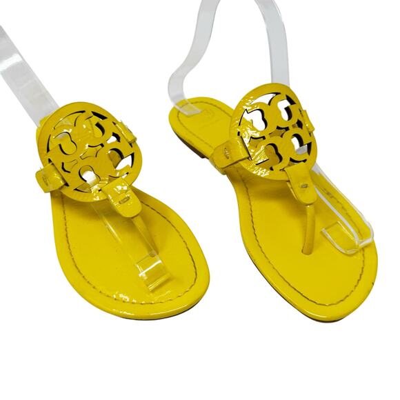 TORY BURCH Yellow Patent Leather Naplak Miller Logo Sandals Slides Flip Flops 7 - Picture 1 of 8